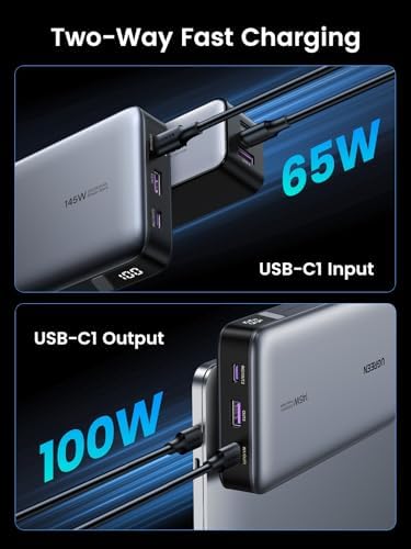 UGREEN 25,000 m Ah 145 W Fast Charging Power Bank – Ultimate Portable Laptop Charger with 3 USB-C PD Ports, Compatible with Mac Book Pro/Air, Dell XPS, i Phone 16/15/14, Galaxy S24, Steam Deck, i Pad & More – Superior Portability & Rapid Charging Performance