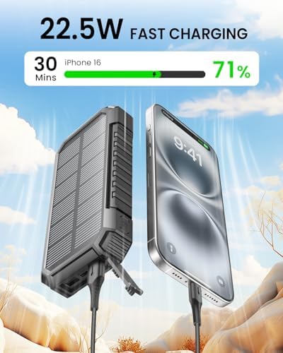 Riapow 27000 m Ah Solar Power Bank: Ultimate Wireless Portable Charger with Fast 22.5 W Charging, Built-in Cables, PD & QC3.0 for i Phone & Tablets, Enhanced Emergency Flashlight, Durable Black Design for Outdoor Adventures and Daily Use