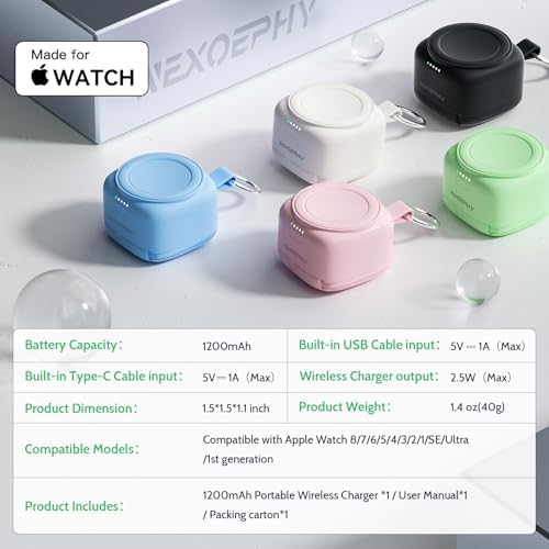 Compact Magnetic Portable Charger for Apple Watch – 1200 m Ah MFi Certified Power Bank with Built-In Cable, Keychain Design for Effortless Travel, Compatible with Series 9/8/7/6/5/4/3/2/SE/Ultra – Reliable Wireless Charging Solution for On-the-Go Lifestyle