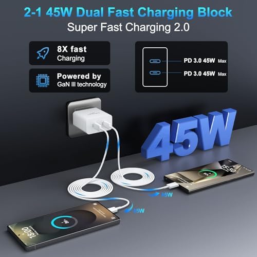 45 W Super Fast USB-C Charger for Samsung Galaxy | Dual Port Fast Charging Block with 10 FT Cable | Ultimate Compatibility for Galaxy S25/S24/S23/S22 Series | Efficient, Reliable, and Travel-Friendly Charging Solution
