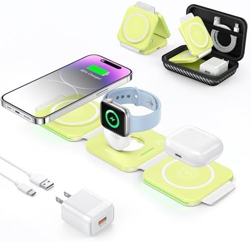 Magnetic 3-in-1 Travel Charging Station for Apple Devices – Ultra-Fast Wireless Charger for i Phone 16/15/14/13/12/Pro/Max/Mini, Air Pods Pro/Wireless, and Apple Watch Series Ultra/SE/10/9/8/7/6/5/4/3/2 – Compact Foldable Design for Ultimate Portability and Compatibility, Ideal for Busy Professionals and Travelers Seeking Efficiency and Style