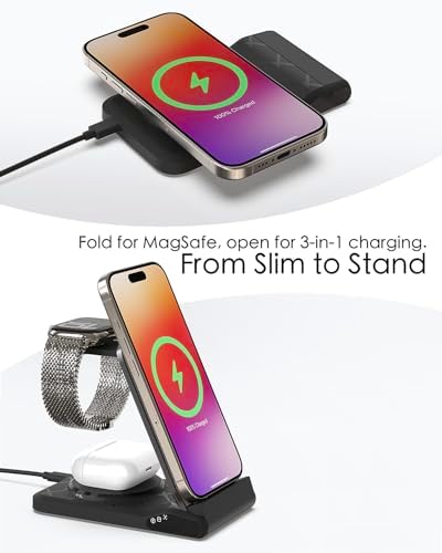 Ultimate 3-in-1 Travel Charging Station for i Phone, Android & Apple Devices – Fast Wireless Dock for Phones, Air Pods & Apple Watch – Foldable Multi-Device Charger for On-the-Go Power Solutions – Enhanced Compatibility & Speed (Adapter Not Included)