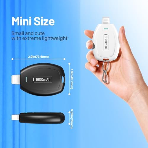 Compact Keychain Power Bank Duo: 1600 m Ah Emergency Charger for i Phone 8, 11, 12, 14 & Air Pods – Ultra-Portable Mini External Battery Pack in Stylish Blue & Pink – Fast Charging & Enhanced Compatibility for On-the-Go Power Solutions