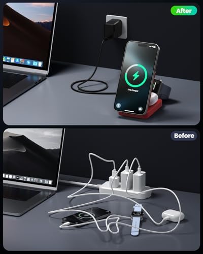 Revolutionary 3-in-1 Wireless Charging Station for Apple Devices – 15 W Fast Mag Safe Charger with Foldable Magnetic Stand, 30 W USB-C Adapter Included, Compatible with i Phone 16/15/14/13/12, Apple Watch, and Air Pods – Enhanced Cooling Technology & Safety Features for Optimal Performance and Convenience