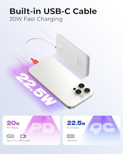 Slim Pink Portable Charger 10000 m Ah – USB-C Power Bank with Built-in Cable & LED Display for Fast Charging – Travel-Friendly Battery Pack Compatible with i Phone 16, 15, Samsung S24, S23 – Ultimate Convenience & Style