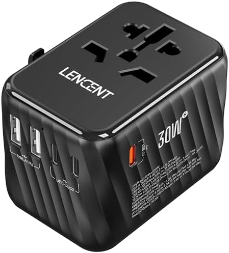 LENCENT 85 W Universal Travel Adapter with Retractable USB-C Cable – High-Speed International Plug Converter Featuring 3 Type-C & 1 USB-A Ports for Effortless Worldwide Charging – Your Ultimate Travel Essential for Maximum Compatibility, Fast Charging, and Ga N Technology Efficiency