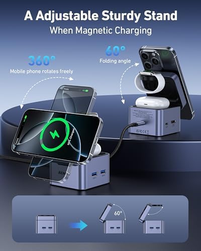 Ultra-Compact BENFEI 3-in-1 Mag Safe Wireless Charger Stand with USB-C Hub – Fast Charging Station for i Phone 16/15/14/13/12, Apple Watch & Air Pods, Featuring HDMI (4 K@60 Hz), 100 W PD, 2 USB 3.0 Ports for Enhanced Connectivity – Travel-Friendly Design with Adjustable Viewing Angles