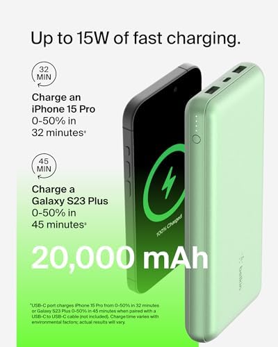 Belkin 20000 m Ah USB-C Power Bank – Dual USB-A Ports, Fast 15 W Charging for i Phone 16/15 Plus, Samsung Galaxy S25, Pixel, i Pad, Nintendo Switch 2 – Travel-Friendly Design in Pearl Blue for Enhanced Device Compatibility and On-the-Go Power
