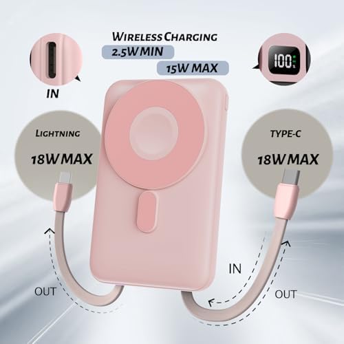 Ultra-Fast 10000 m Ah Portable Power Bank with Built-In Cables – Magnetic Wireless Charging for i Phone, Samsung, Android, Apple Watch & Air Pods – Sleek Gold Pink Design for Effortless On-the-Go Charging