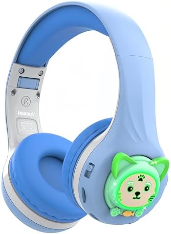Riwbox CB-7 S Kids Wireless Headphones with LED Glow Lights – Volume-Controlled Audio Safety for Kids (74/85/95 d B), 50-Hour Battery Life, Built-in Mic & TF Card Slot – Perfect for School, Travel, and Home Use (Blue & Grey) – Durable, Stylish, and Engaging Sound Experience for Young Listeners