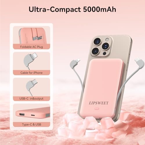 Mini 5000 m Ah Portable Power Bank with Integrated Cables and AC Plug – USB-C Fast Charging for i Phone & Android Devices – Ultra-Compact External Battery for On-the-Go Lifestyle – Essential Tech Accessory for Seamless Connectivity