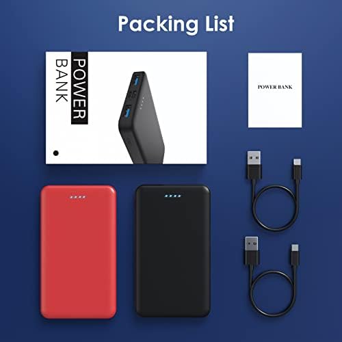 Ultra-Slim 10000 m Ah Portable Power Bank – Dual USB Outputs & USB-C Input, Compact External Charger for i Phone 12/13, Samsung S20, Tablets – Stylish Black and Red Design for Maximum Portability and Enhanced Device Compatibility