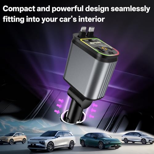 Universal Retractable Car Charger – 4-in-1 Fast Charging Solution for i Phone, Galaxy, Pixel – USB-C & USB-A Compatibility for Ultimate Convenience on the Go
