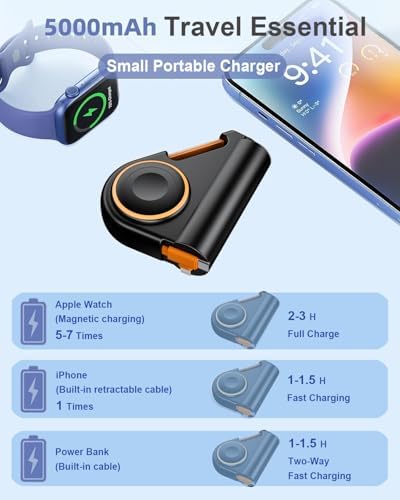 Compact Travel Power Bank with 5000 m Ah Capacity & 22.5 W Rapid Charge – Built-in 2.3 ft Retractable USB-C Cable & Emergency Flashlight – Ideal for i Phone 16/15/14, Samsung & Android Devices – Sleek Black Design for Ultimate Portability and Style