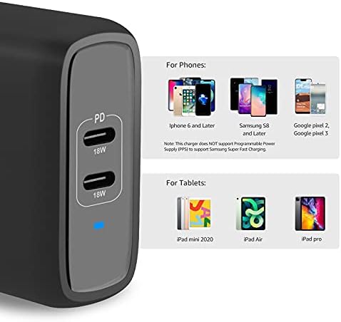 Amazon Basics 36 W Dual-Port USB-C Wall Charger for Phones and Tablets – Fast Charging Power Delivery Adapter, Compact Design for Travel, Enhanced Compatibility & Safety Features in Sleek White Finish