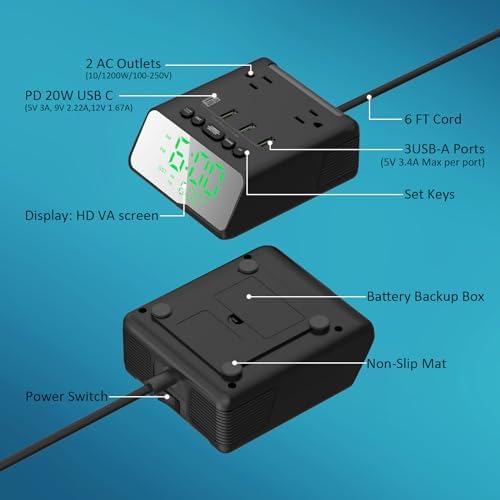 Smart USB Charging Alarm Clock with Power Strip, 6 FT Cord – Multifunctional Bedside Station Featuring 4 USB Ports & 2 Outlets for Home, Hotel, or Travel – Adjustable Brightness & ON/OFF Control for Ultimate Convenience and Fast Device Charging