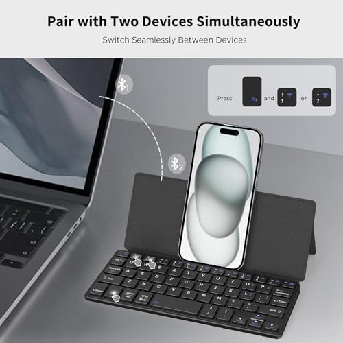 CACOE Ultra-Slim Foldable Wireless Keyboard with Integrated Stand – Dual-Channel QWERTY Design for Seamless Device Switching – Portable Mini Keyboard for Smartphones, Tablets, and Laptops – Stylish Wine Red Finish for Enhanced Productivity and Versatility