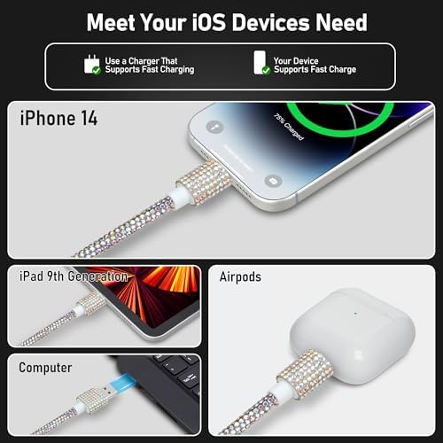 Black Diamond MFi Certified Fast Charging Cable for i Phone – 4 FT USB-A to Lightning Cord with Sparkling Rhinestone Design, Compatible with i Phone 14, 13, 12, 11 Pro Max, XR, XS, X, 8, and 7 – Durable and Stylish Charging Solution for Rapid Power Delivery