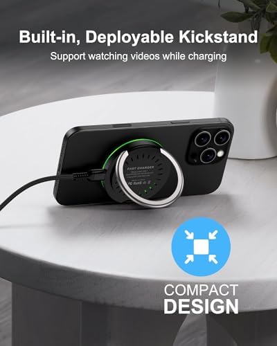 Haoano Magnetic Wireless Charger with Built-in Kickstand – 15 W Fast Charging Pad for i Phone 16/15/14/13 Series & Samsung Galaxy S25/S24/S23/S21 – Universal Compatibility for Android & Google Pixel – Portable Slim Design for Home, Office, and Travel – Enhanced Safety Features & Efficient Power Delivery