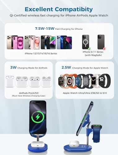 All-in-One Wireless Charging Station for Apple Devices – 15 W Fast Qi-Certified Mag-Safe Charger for i Phone 16, 15, 14, 13, 12, Apple Watch & Air Pods – Adjustable Viewing Angle, Ideal Gift for Women – Enhance Your Charging Efficiency and Style