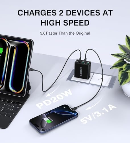 50 W Dual Type C Fast Charging Power Adapter 2-Pack – High-Performance USB-C Charger for i Phone, Samsung, i Pad, and Nintendo Switch – 5-Port Multi-Device Charger for Home and Travel – Compact, Safe, and Reliable Charging Solution