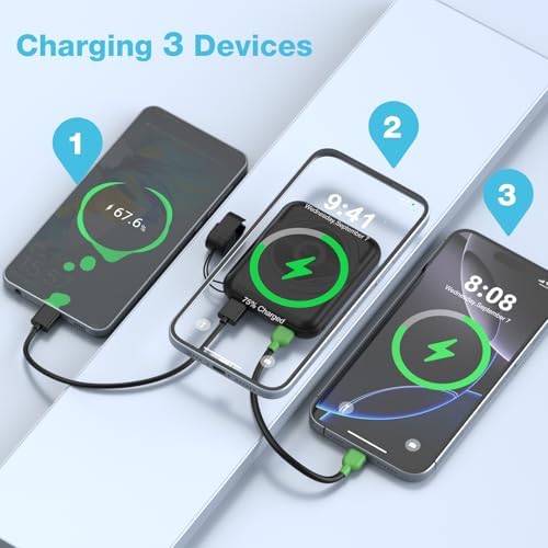 Compact Magnetic Power Bank for i Phone 12-16 | 5000 m Ah Slim Wireless Charger with 20 W Fast Charging, Detachable USB-C & i OS Cable, LED Display | Ultimate Portable Power Solution in Black