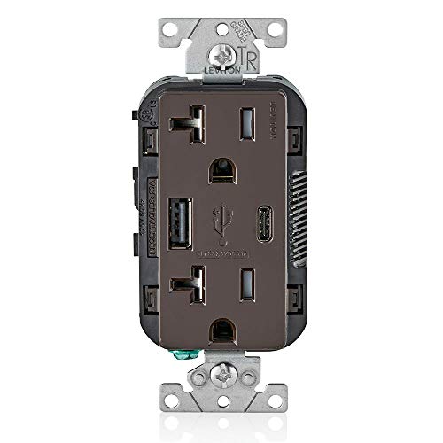 Leviton Dual USB In-Wall Charger with 20 A Tamper-Resistant Outlet – Type A & Type-C Compatibility for Smartphones and Tablets, Light Almond Finish – Streamlined Charging Solution for Home and Office Spaces
