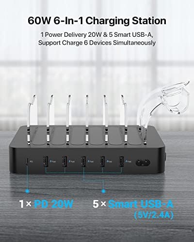 Soo Pii 60 W 6-Port USB-C Charging Station with 20 W Fast Charge – Multi-Device Power Hub for i Phone 14/13/12, Includes 6 Short Cables & 2-in-1 Holder for Organized Charging – Perfect for Home, Office & Travel
