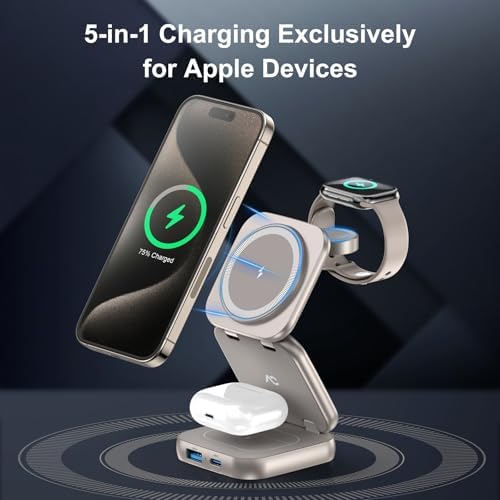 Revolutionize Your Charging Experience with AC Island 5-in-1 Portable Travel Wireless Charger – Fast 15 W Magnetic Stand for i Phone 16/15/14/13, Apple Watch & Air Pods, Includes 35 W Adapter, Ideal for On-the-Go Lifestyle and Enhanced Compatibility