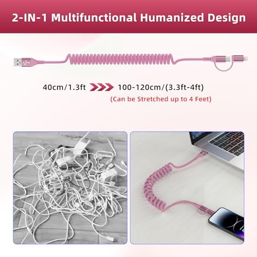 Revolutionary 2-in-1 Coiled USB to USB-C & Lightning Cable – MFi Certified for Fast Charging & Data Sync – Compatible with Apple Carplay & Android Auto – Stylish Pink Design for i Phone 16/15/14/13 & Android Devices – Tangle-Free Convenience for Modern Users