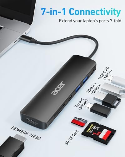 Acer 7-in-1 USB C Hub with 4 K HDMI Splitter – Ultimate Connectivity Solution for Laptops & PCs – Fast 5 Gbps Data Transfer, PD 100 W Charging & SD Card Reader – Transform Your Workspace with Enhanced Performance and Versatility