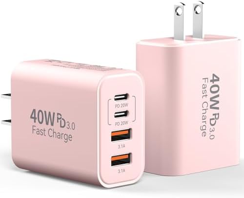 40 W USB C Charger Block – Dual Pack of 4-Port Fast Charging Power Bricks with PD & QC 3.0 Technology for i Phone 16/15/14/13/12/11 Pro Max, i Pad, Galaxy, Pixel – Sleek White & Blue Design for Convenient Multi-Device Charging