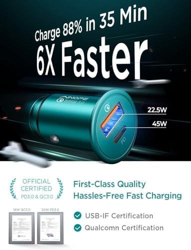 Compact AINOPE 67.5 W USB-C Car Charger – Fast Charging Dual Port QC3.0 Adapter for i Phone 16 & Samsung Galaxy – Mini Cigarette Lighter Accessory in Stylish Purple for Efficient On-the-Go Power Solutions