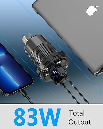 Qidoe 12 V USB Laptop Charger Socket – 65 W PD USB-C & 18 W QC3.0 Car Charger with Integrated Digital Voltmeter for Fast Charging in Cars, RVs, and Boats – Durable Aluminum Design for Enhanced Device Compatibility and Safety Monitoring