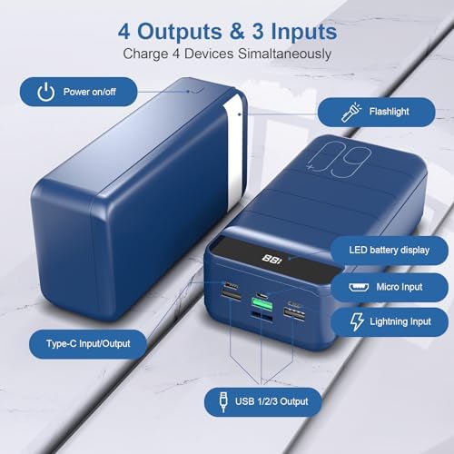 High-Capacity 60000 m Ah Portable Power Bank – Fast Charging 22.5 W PD4.0 & QC 4.0 USB-C Battery Pack for Travel & Outdoor Use – Dual Device Charging Compatibility for i Phone, Samsung, Galaxy & More