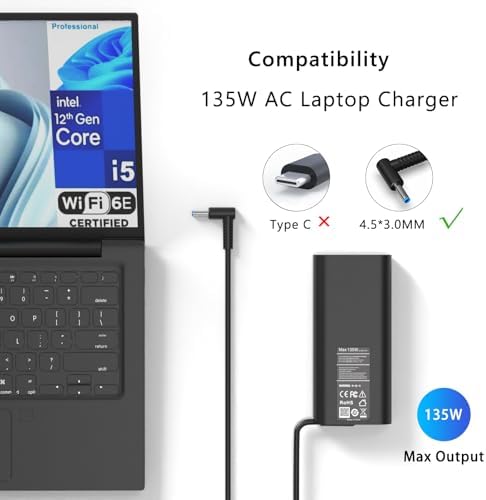 High-Performance 135 W HP Spectre X360 Laptop Charger – Compatible with HP Omen, Pavilion, & ZBook Series – Fast Charging, Enhanced Safety Features, Ideal for Students & Professionals – Reliable Power Adapter with 110-240 V Input, 19.5 V Output – Perfect Replacement for TPN-DA11, L15534-001, and More