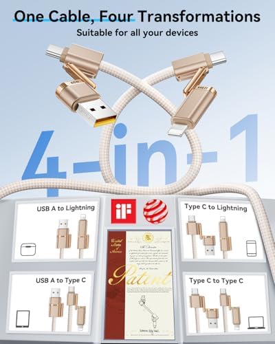 SHEZI 4-in-1 USB C to Lightning Charging Cable – 60 W Fast Charge & Data Sync for i Phone, i Pad, Samsung & Mac Book – 5 FT Multi-Device Travel Charger, Compatible with Apple Car Play & Android Auto, Durable White Design for Ultimate Versatility