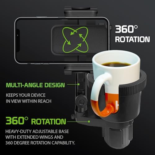 Revolutionary Car Cup Holder Phone Mount with Integrated Snack Tray – Ultimate Compatibility for i Phone, Samsung Galaxy, LG, Moto & Google Pixel – Hands-Free Convenience & 360-Degree Rotation for Safe Driving Enjoyment