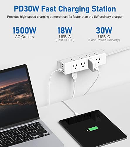 Maximize Workspace Efficiency with the 45 W USB-C Fast Charging Power Strip – 12 Outlets, 4 USB Ports, 1200 J Surge Protection, and 6 FT Flat Extension Cord for Seamless Under Desk Mounting and Enhanced Device Compatibility
