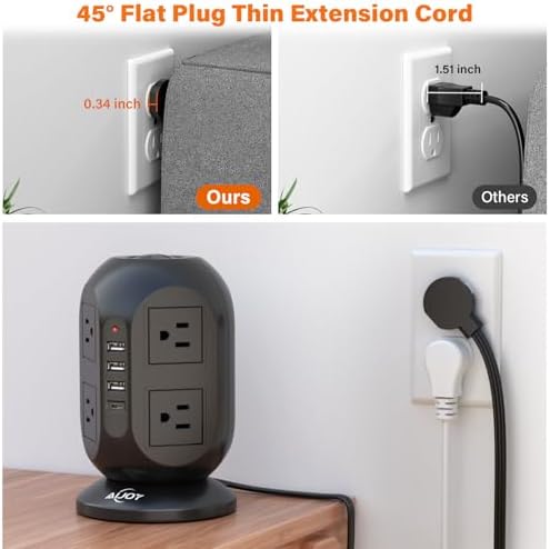 Compact Surge Protector Power Strip Tower with 8 AC Outlets & 4 Fast-Charging USB Ports (1 USB-C) – Aioy 10 FT Flat Plug Extension Cord for Organized Home & Office Use, Black – Ultimate Device Charging Solution for Efficiency and Safety