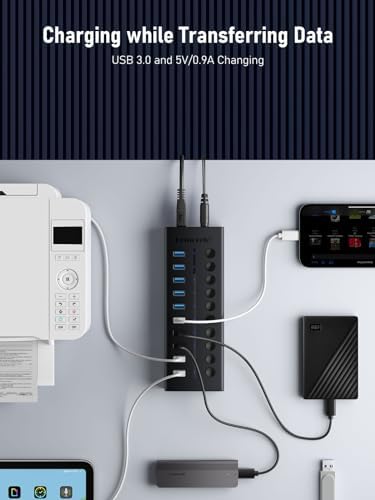 Lemorele 10-Port USB 3.0 Powered Hub – Ultimate 24 W USB Splitter with Individual LED Switches for Smart Device Management, Achieve 5 Gbps Data Transfer & 5 V Charging for Phones, Power Banks, and More – Ideal for Home Offices and Professionals Seeking Efficiency