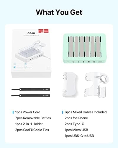 Soo Pii 60 W 6-Port USB-C Charging Station with 20 W Fast Charge – Multi-Device Power Hub for i Phone 14/13/12, Includes 6 Short Cables & 2-in-1 Holder for Organized Charging – Perfect for Home, Office & Travel