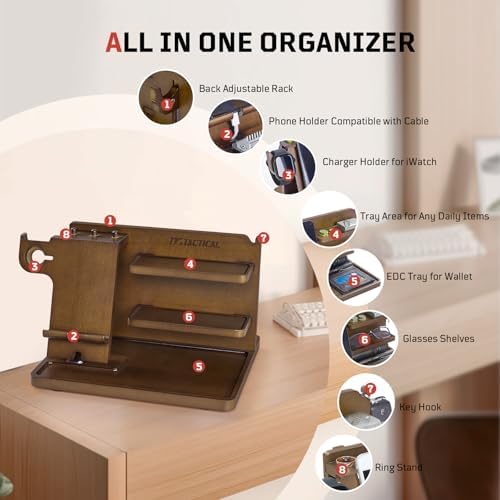 Nightstand Organizer, Wood Phone Docking Station with Adjustable Rack, Bedside Desk Organizer, EDC Tray for Men, Dads, Husbands – Ideal for Anniversaries and Birthdays – Dark Brown – Enhanced Compatibility and Speed