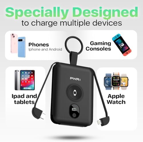 Versatile PWR Versa 4 in 1 Portable Charger for Apple Watch – 5000 m Ah Wireless Power Bank with Built-in Cables and Travel Keychain – Fast Charging, Enhanced Device Compatibility, and Durable Design for On-the-Go Power Solutions