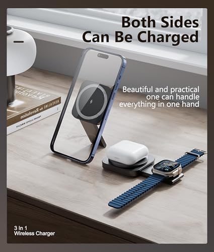 Ultra-Portable 3-in-1 Magnetic Wireless Charger Stand for i Phone 16, Apple Watch & Air Pods – Fast Charging, Foldable Design, Travel-Friendly Charging Station in Sleek Black Finish – Essential Accessory for On-the-Go Power Management