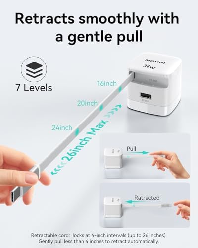 Revolutionary 30 W USB-C Charger Block with Dual Ports – Fast Charging Solution Featuring Retractable Cable & Foldable Plug for Ultimate Portability – Ideal Travel Companion for i Phone 16 Pro Max, Pixel 9 Pro, Galaxy, i Pad & Mac Book – Enhanced PD/PPS Compatibility for Rapid Power Delivery