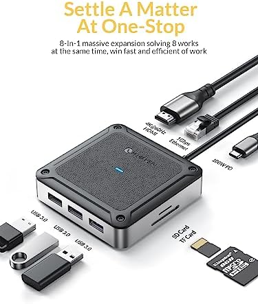 Revolutionize Your Workspace with the 8 Port USB-C Hub Multiport Adapter – Experience 4 K@60 Hz HDMI Clarity, Lightning-Fast 1 Gbps Ethernet, and 100 W Power Delivery for Ultimate Device Charging, Plus 3 USB 3.0 Data Ports and Dual Card Readers for Effortless Multimedia Management!