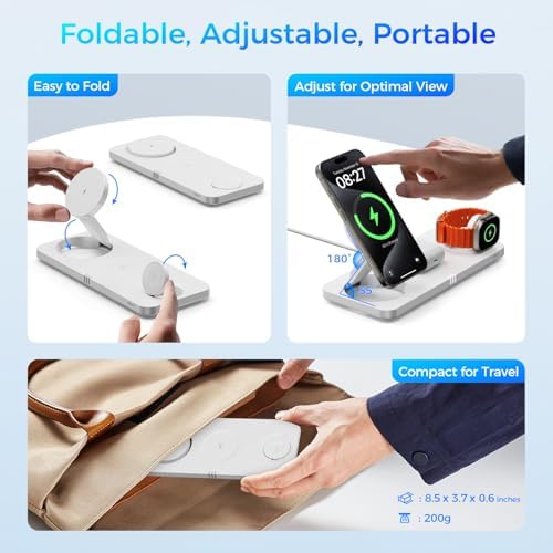 Ultimate 3-in-1 Wireless Charging Station for Apple Devices – Rapid 15 W Magnetic Charger for i Phone 16/15/14/13/12 Pro Max, Compatible with Apple Watch Series S2 to Ultra, Air Pods Pro/4/3/2 – Foldable Travel-Friendly Design for Effortless Charging Anywhere