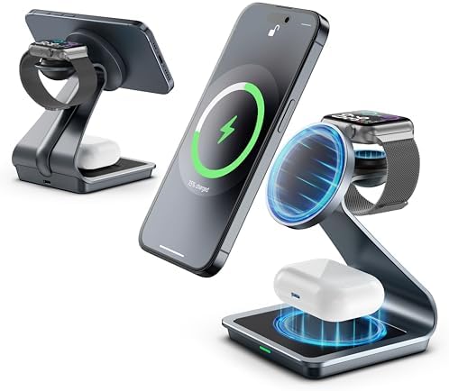 Ultimate 3-in-1 Wireless Charging Station for i Phone 16/15/14/13/12 – Mag Safe Certified Fast Charger for Apple Watch & Air Pods Pro with 18 W Adapter & Cable Included – Sleek Design with Enhanced Safety Features for Home & Office Use