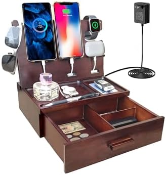 Multi-Device USB Charging Station with 4 Ports – Fast PD & QC3.0 Power Delivery, Stylish Wooden Organizer for Desk & Nightstand – Ideal Birthday Gift for Men, Dads, Husbands, and Moms – Elegant Solution for Cable Management and Rapid Charging
